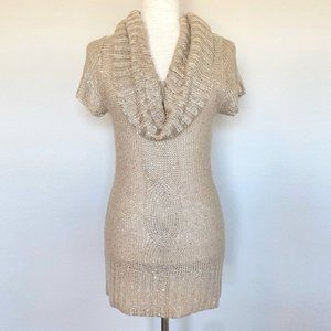 DEB Cowl Neck Wool Blend Sequin Tunic Sweater Tan Size Small
